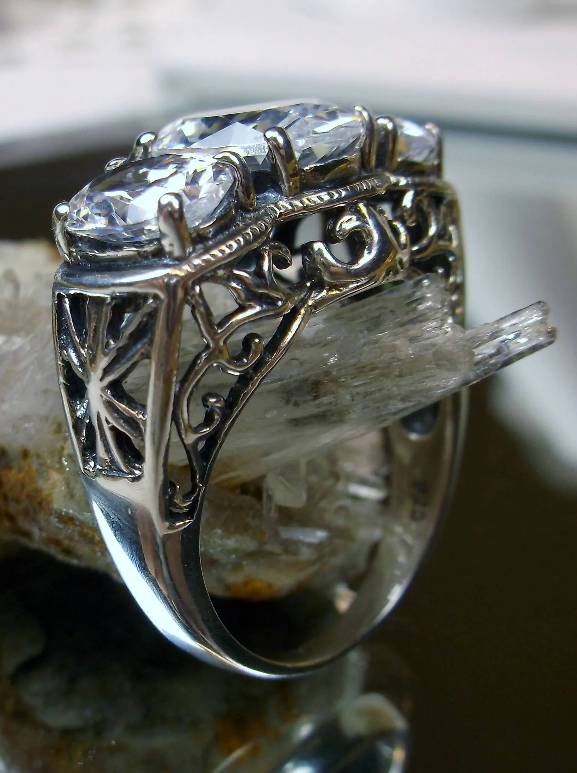 Cocktail Ring, White CZ Gem, Art Deco Jewelry #D36