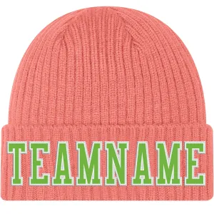 Custom Pink Neon Green-White Stitched Cuffed Knit Hat
