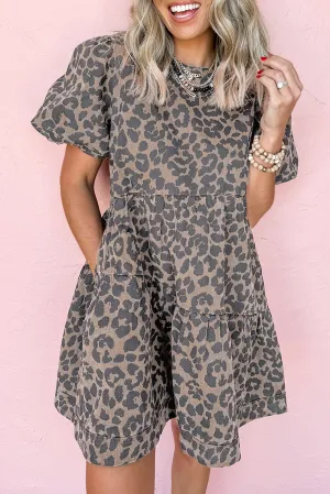 Denim Leopard Printed Short Puff Sleeve Mini Dress