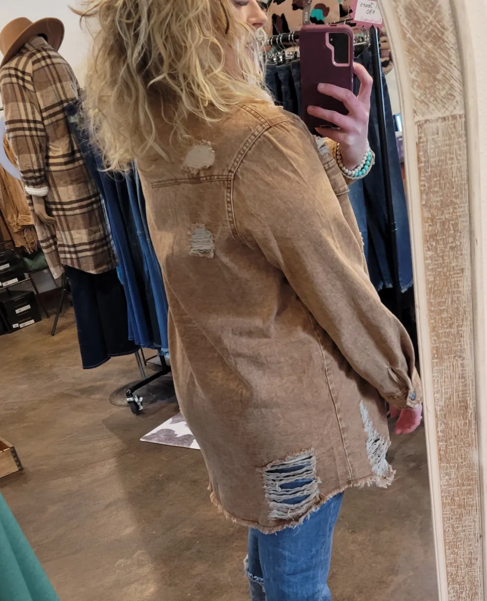 Distressed Long Button Down Shirt - Camel