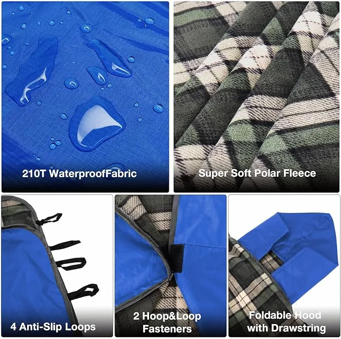 DUKUSEEK Outdoor Stadium Blankets with Hood, Fleece Blankets, Quilted, Extra Thick Fleece, Warm, Windproof, Sandproof, Includes Stuff Sack, Shoulder Strap, Large, 79"x 59"