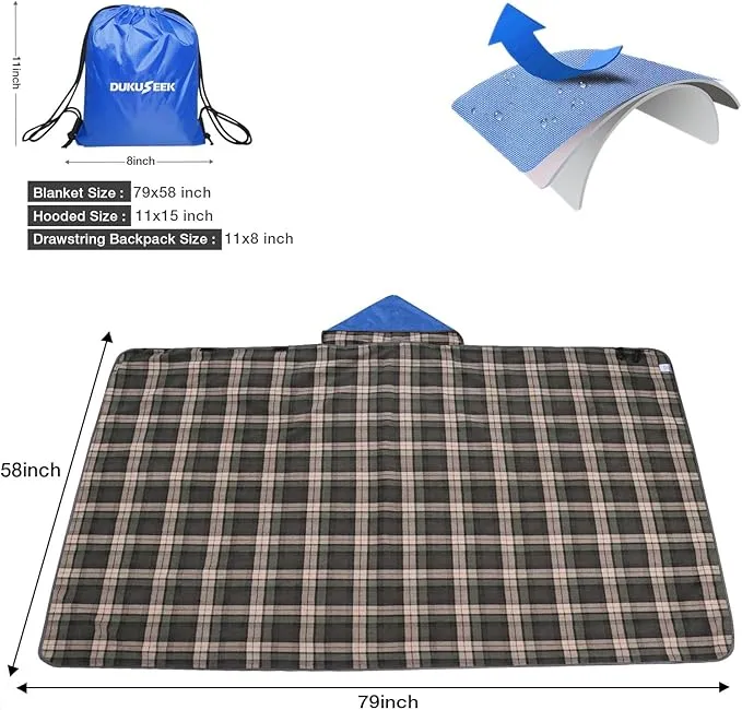 DUKUSEEK Outdoor Stadium Blankets with Hood, Fleece Blankets, Quilted, Extra Thick Fleece, Warm, Windproof, Sandproof, Includes Stuff Sack, Shoulder Strap, Large, 79"x 59"