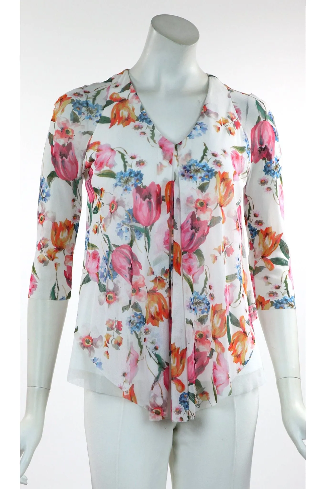 EDEN V-Neck 3/4 Sheer Mesh Sleeves Top W/ Pleated Waterfall Overlay
