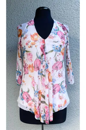 EDEN V-Neck 3/4 Sheer Mesh Sleeves Top W/ Pleated Waterfall Overlay