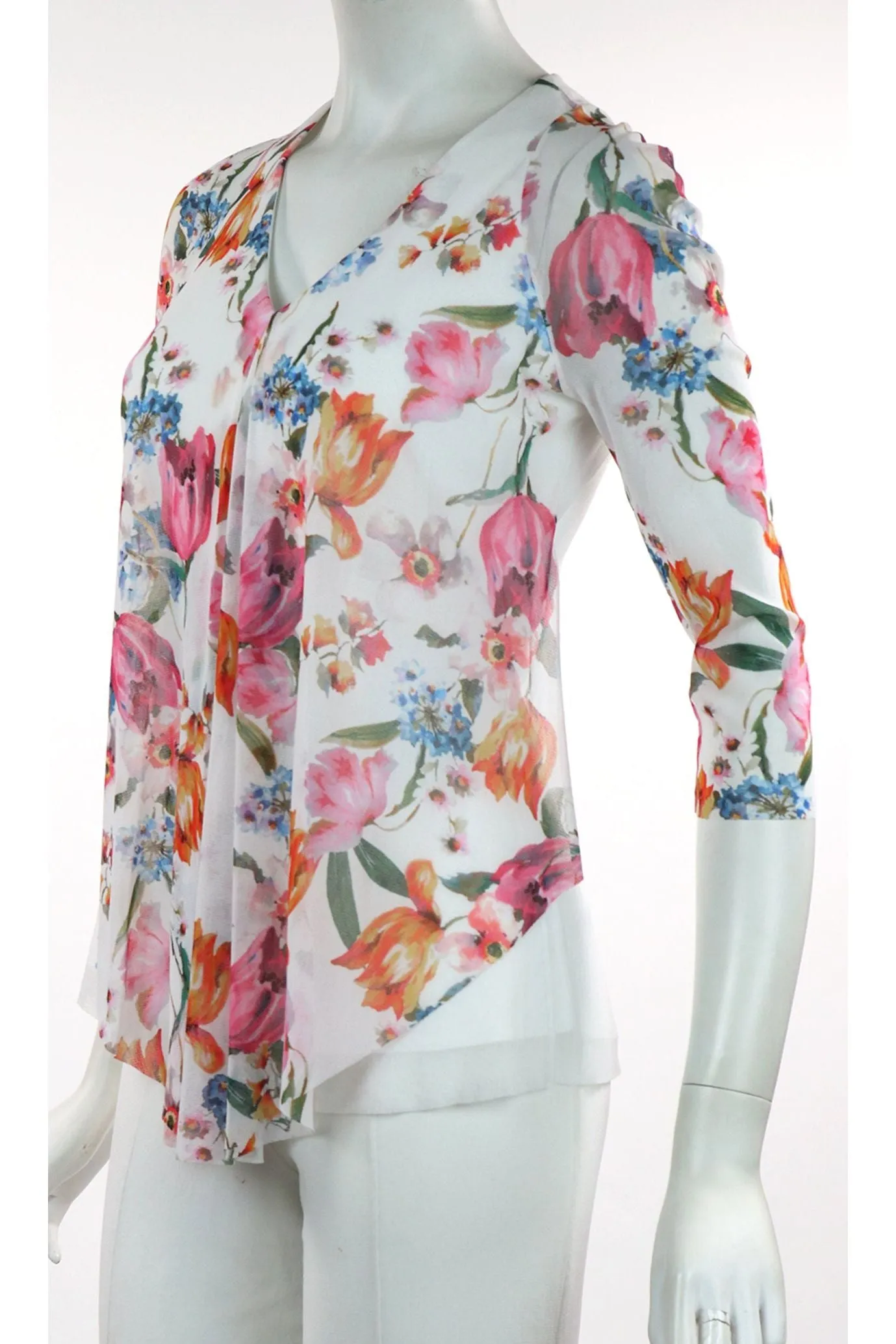 EDEN V-Neck 3/4 Sheer Mesh Sleeves Top W/ Pleated Waterfall Overlay