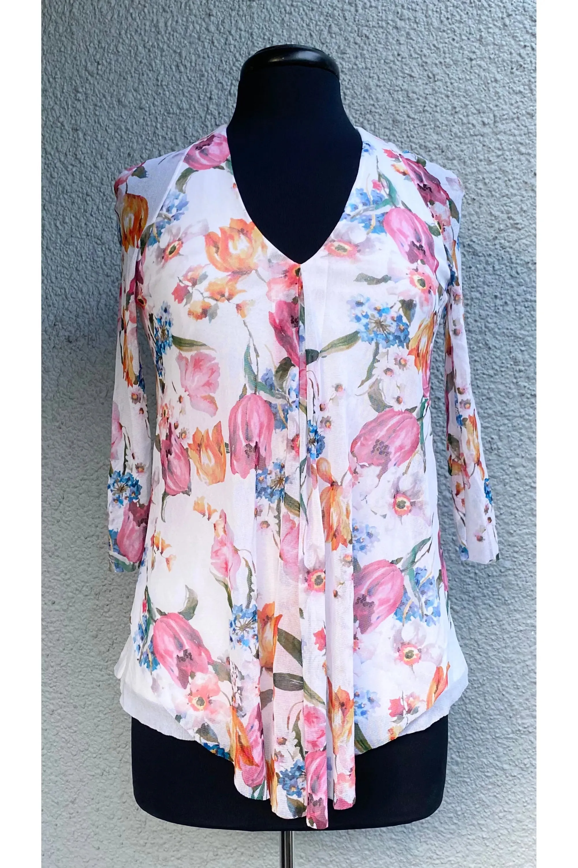 EDEN V-Neck 3/4 Sheer Mesh Sleeves Top W/ Pleated Waterfall Overlay