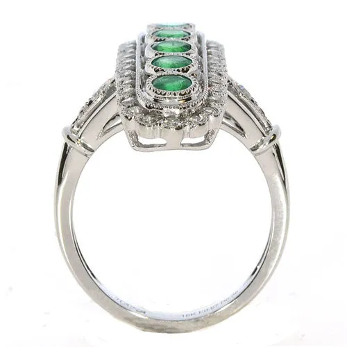 Emerald and Diamond 18K White Gold Art Deco Inspired Ring