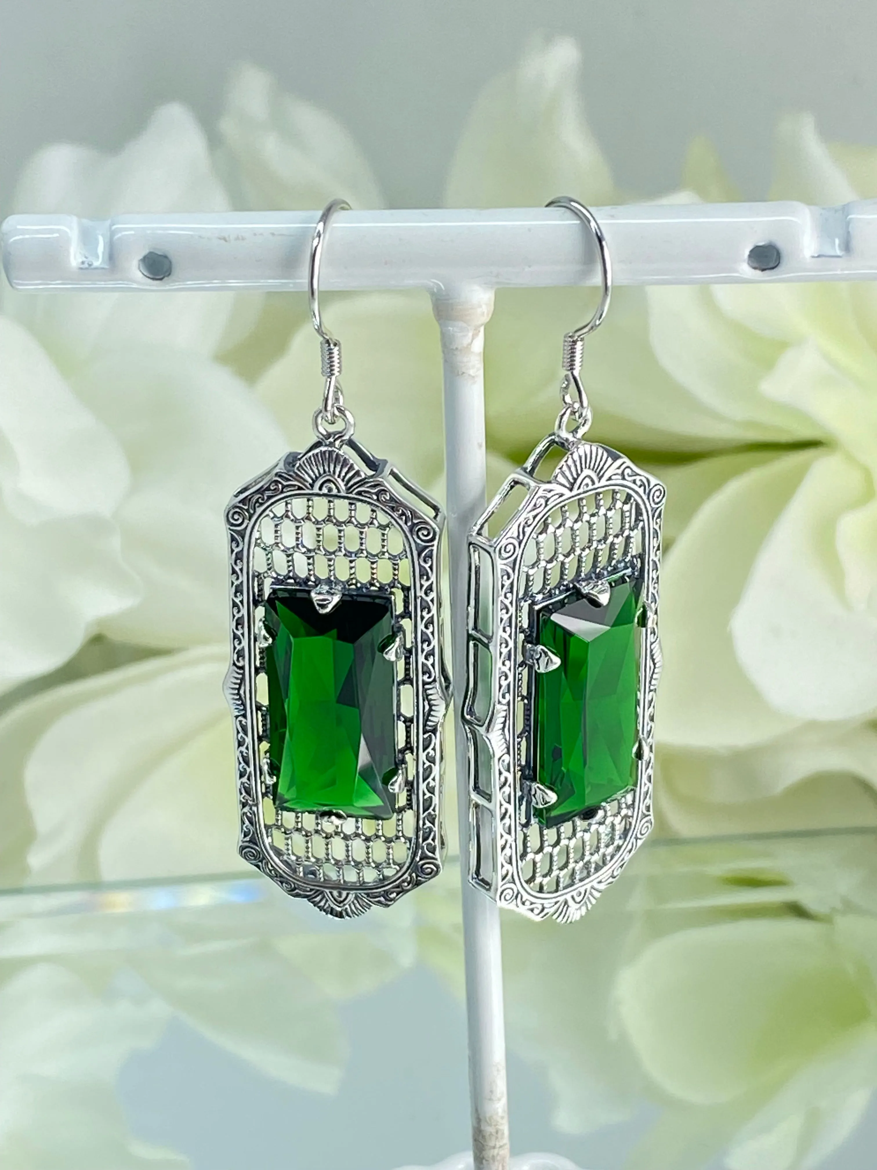 Emerald Earrings, Art Deco Style, Baguette Gem, 1930s Reproduction Jewelry, Design E16