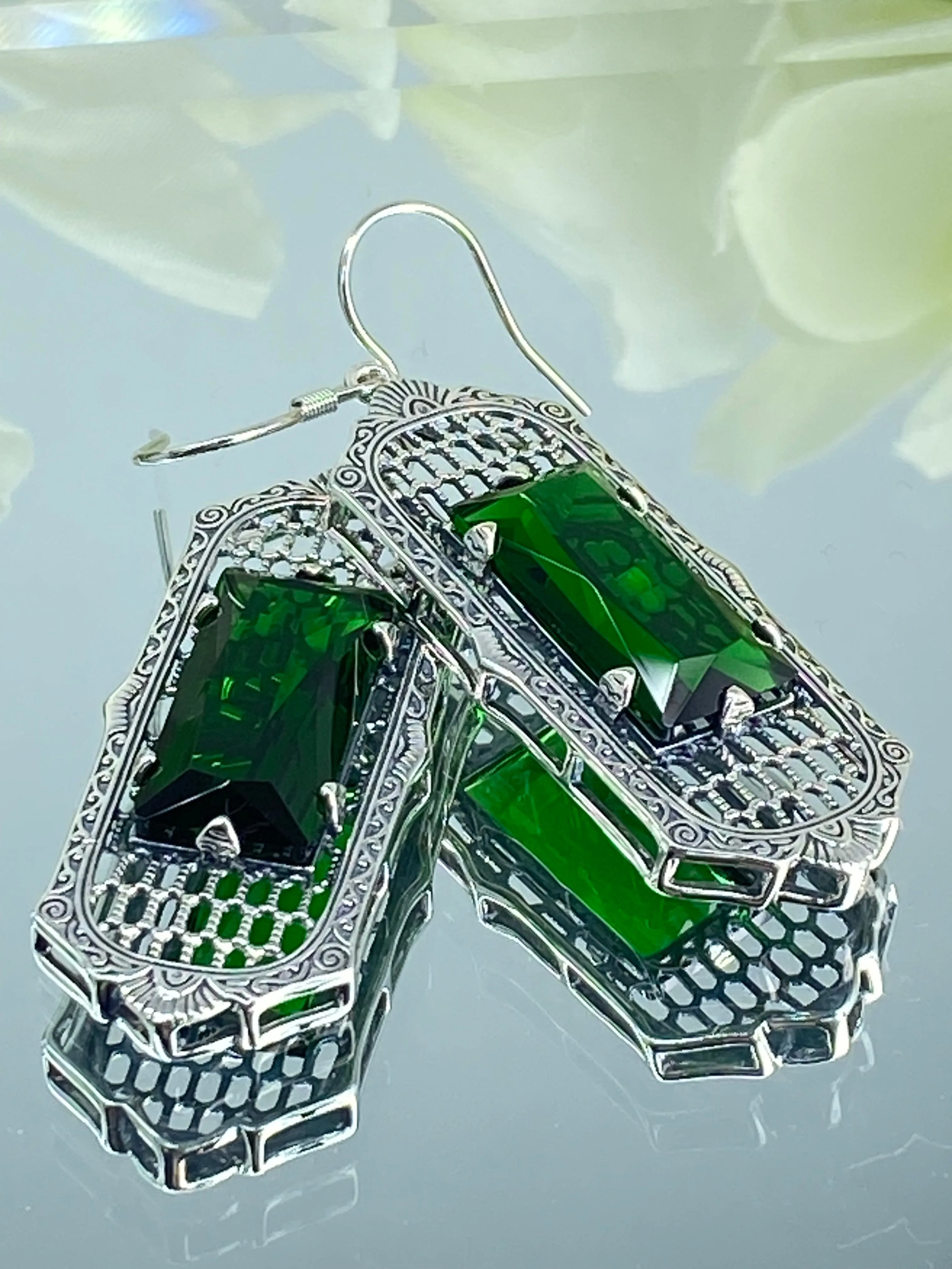 Emerald Earrings, Art Deco Style, Baguette Gem, 1930s Reproduction Jewelry, Design E16