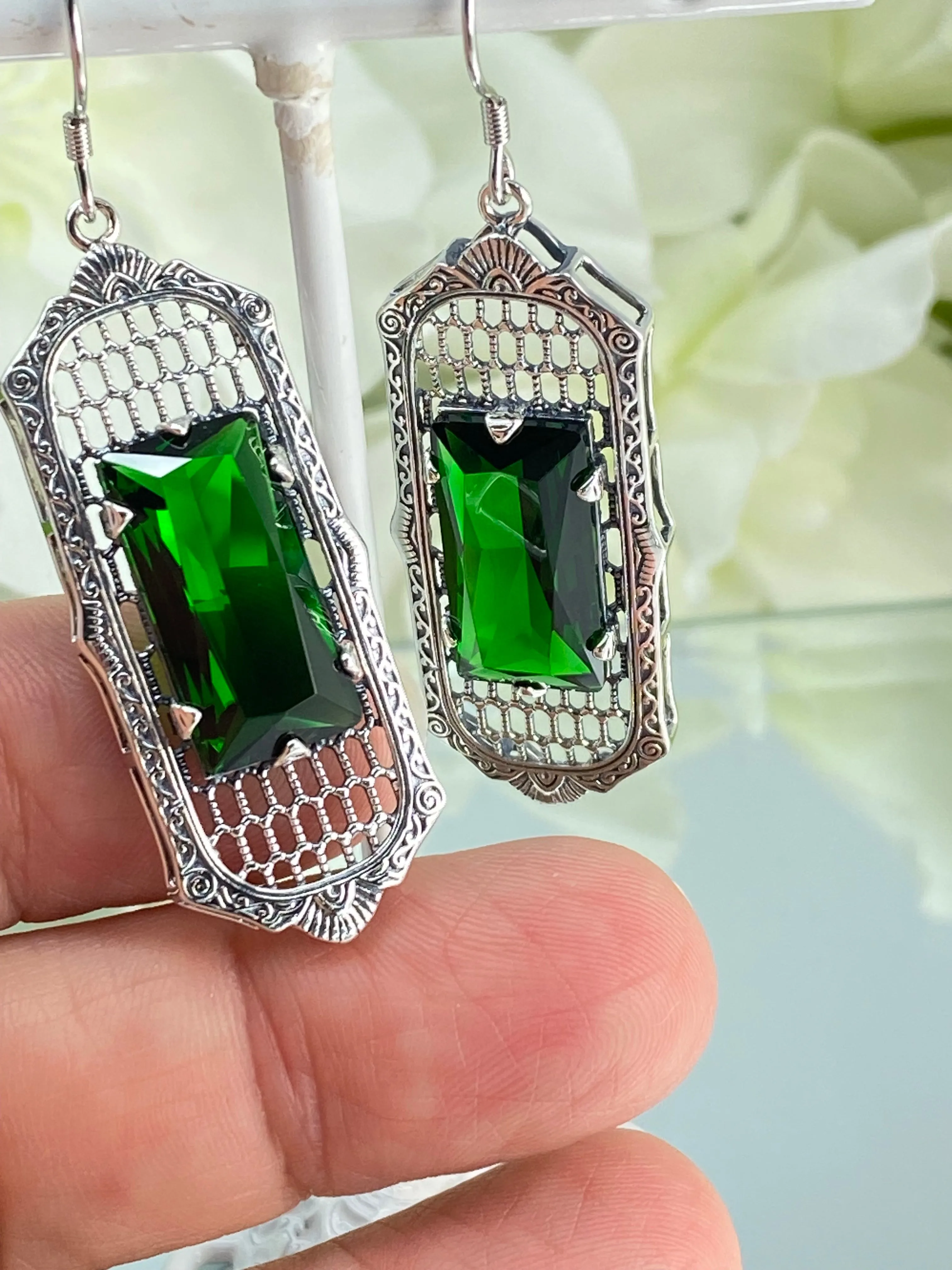 Emerald Earrings, Art Deco Style, Baguette Gem, 1930s Reproduction Jewelry, Design E16