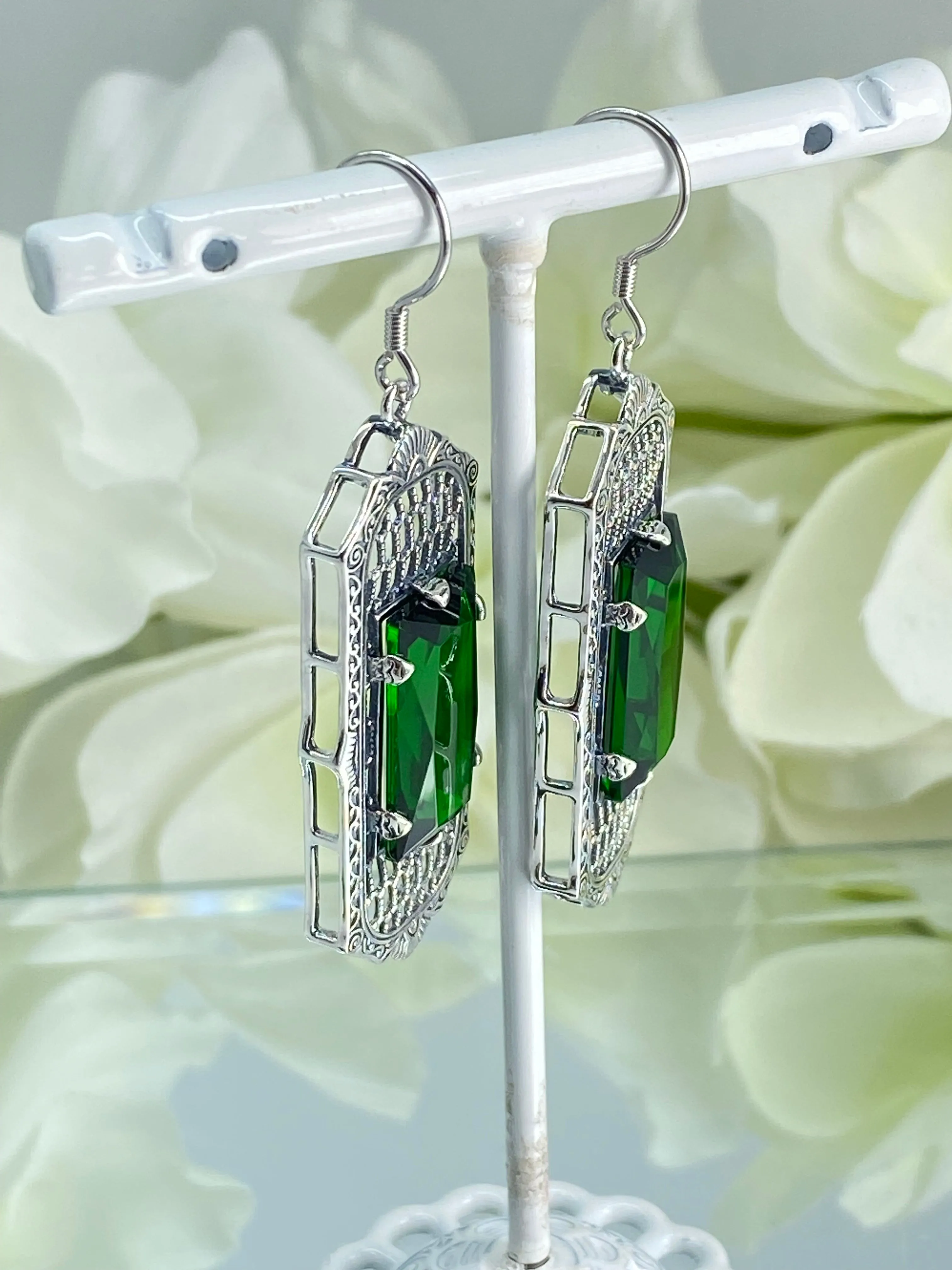 Emerald Earrings, Art Deco Style, Baguette Gem, 1930s Reproduction Jewelry, Design E16