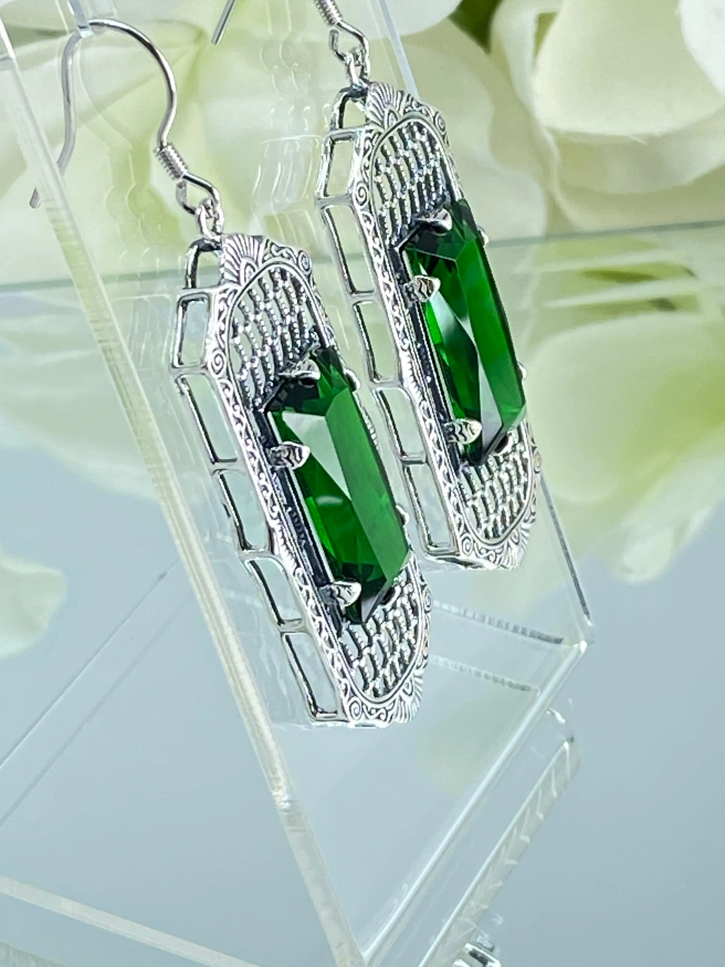 Emerald Earrings, Art Deco Style, Baguette Gem, 1930s Reproduction Jewelry, Design E16
