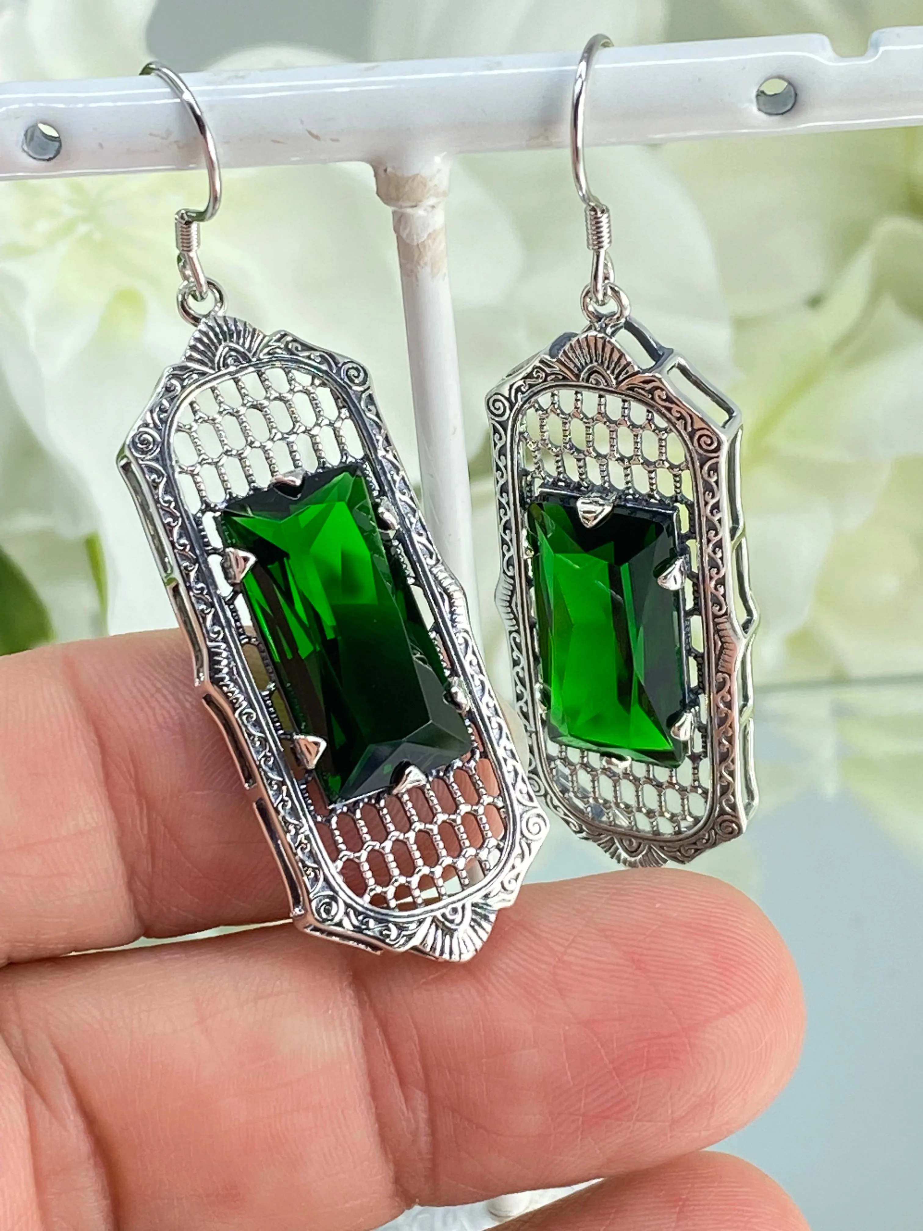 Emerald Earrings, Art Deco Style, Baguette Gem, 1930s Reproduction Jewelry, Design E16