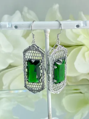 Emerald Earrings, Art Deco Style, Baguette Gem, 1930s Reproduction Jewelry, Design E16