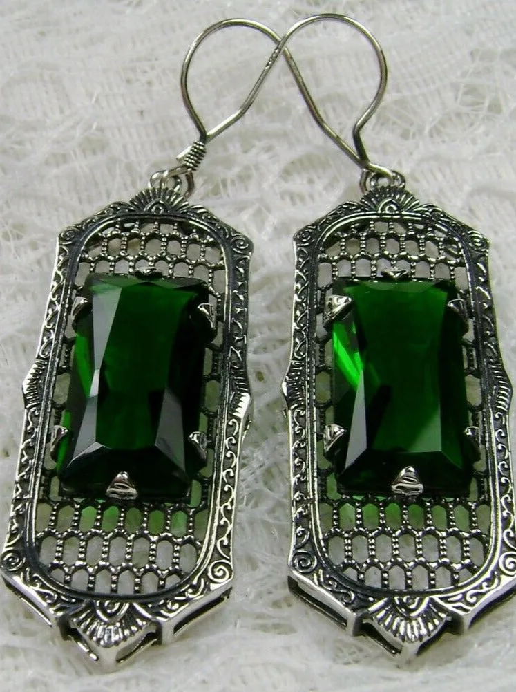 Emerald Earrings, Art Deco Style, Baguette Gem, 1930s Reproduction Jewelry, Design E16