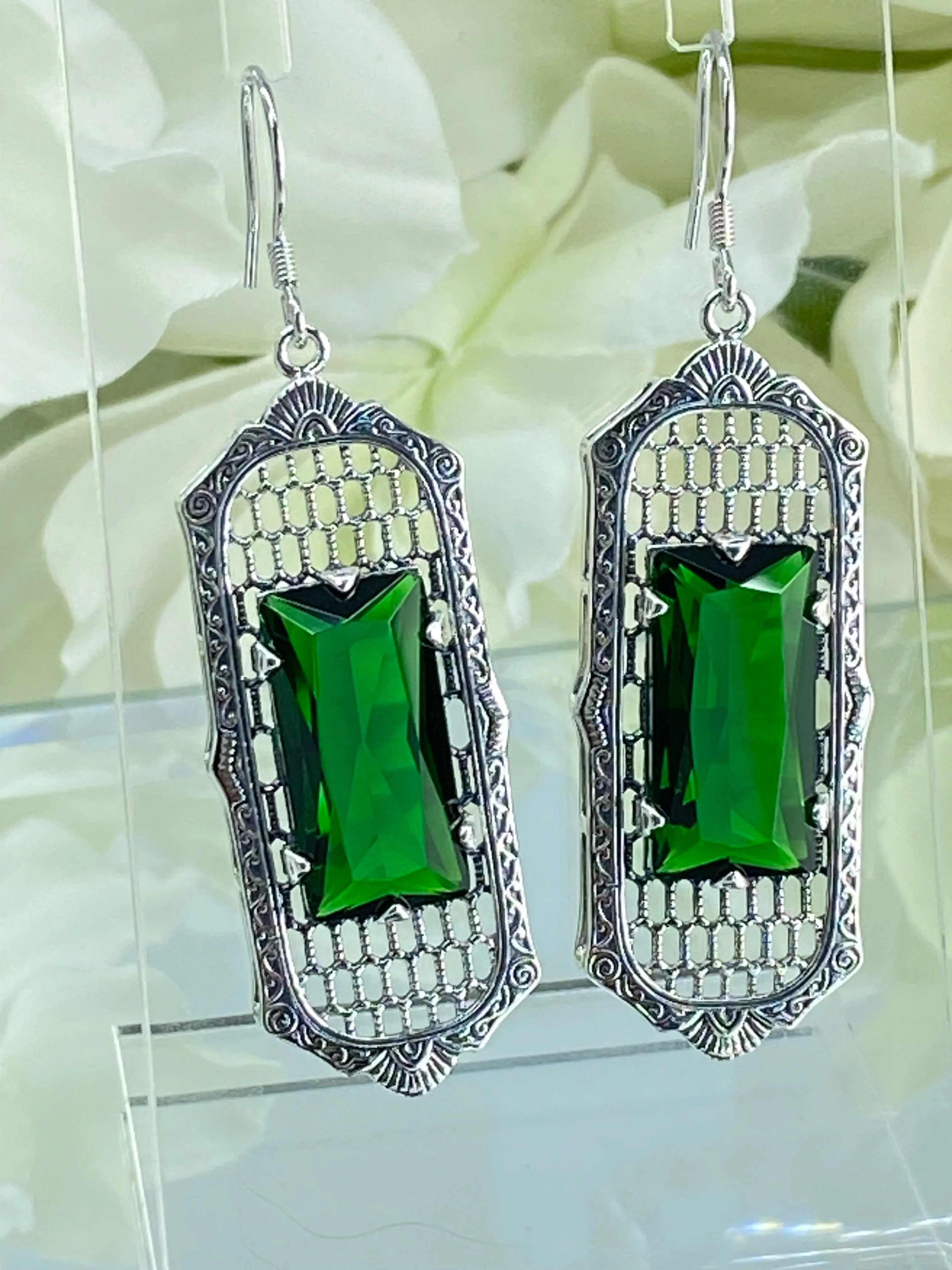 Emerald Earrings, Art Deco Style, Baguette Gem, 1930s Reproduction Jewelry, Design E16