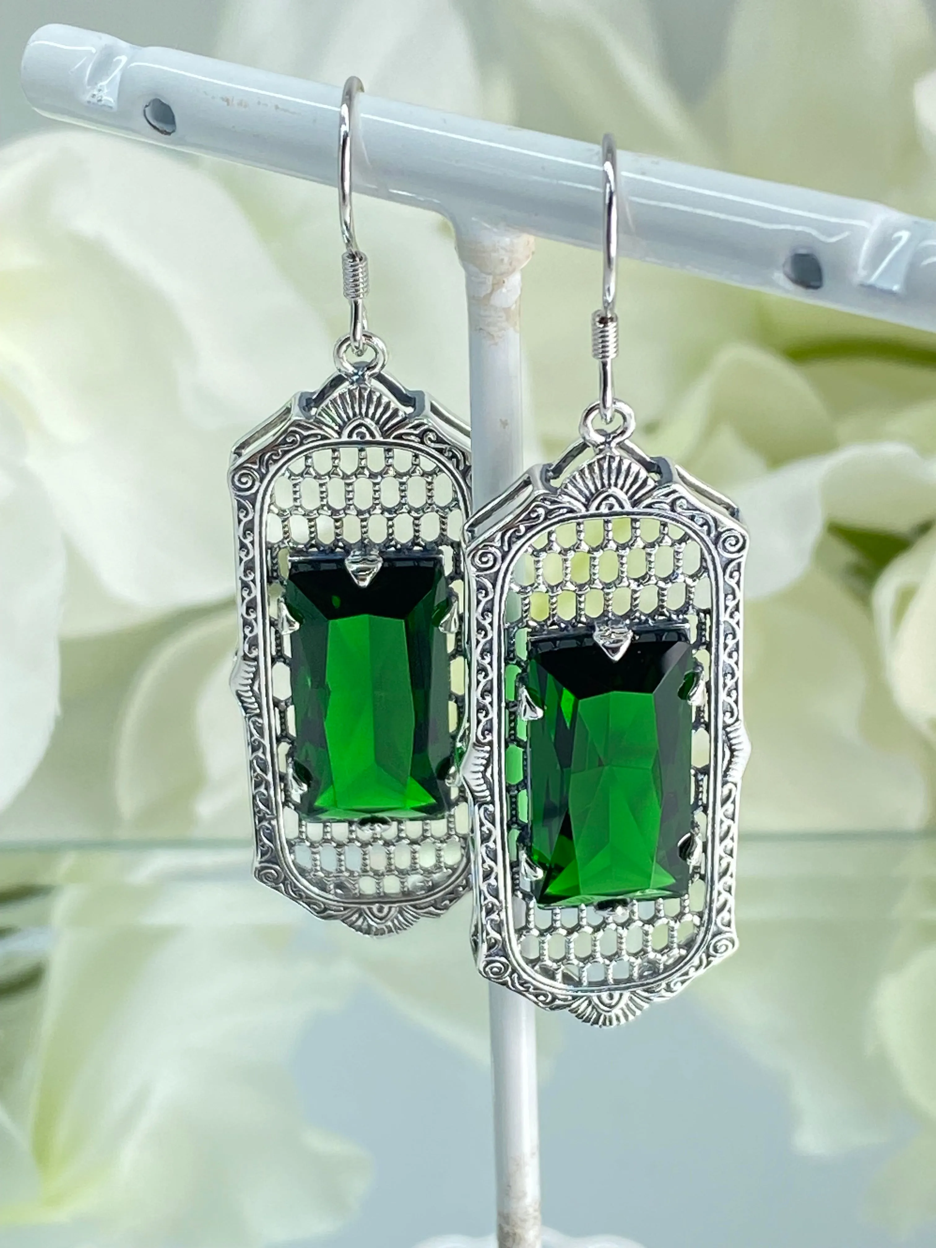 Emerald Earrings, Art Deco Style, Baguette Gem, 1930s Reproduction Jewelry, Design E16