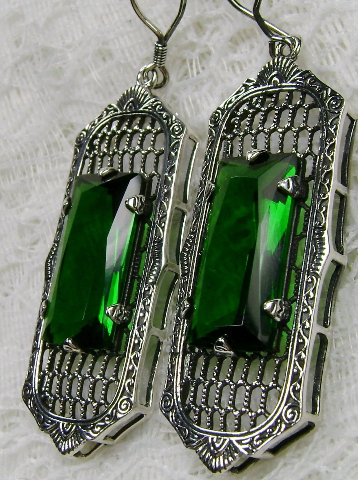 Emerald Earrings, Art Deco Style, Baguette Gem, 1930s Reproduction Jewelry, Design E16