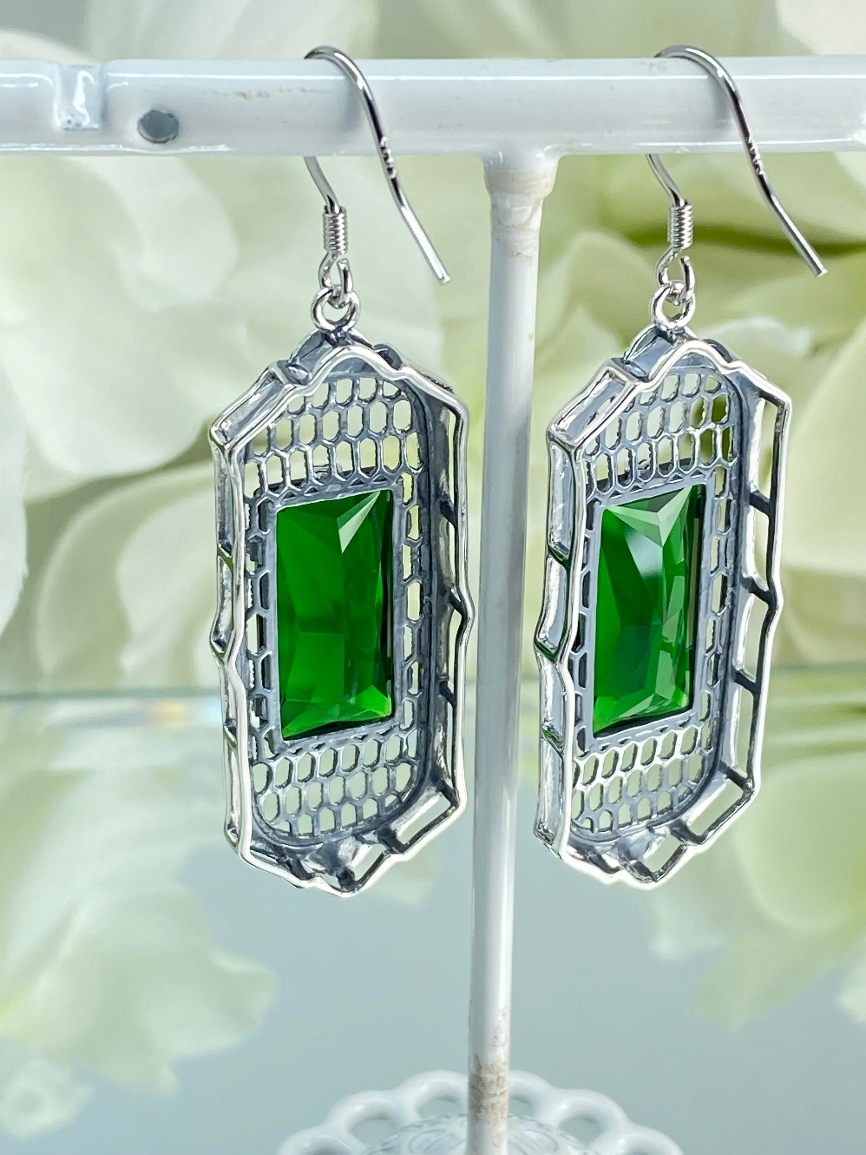 Emerald Earrings, Art Deco Style, Baguette Gem, 1930s Reproduction Jewelry, Design E16