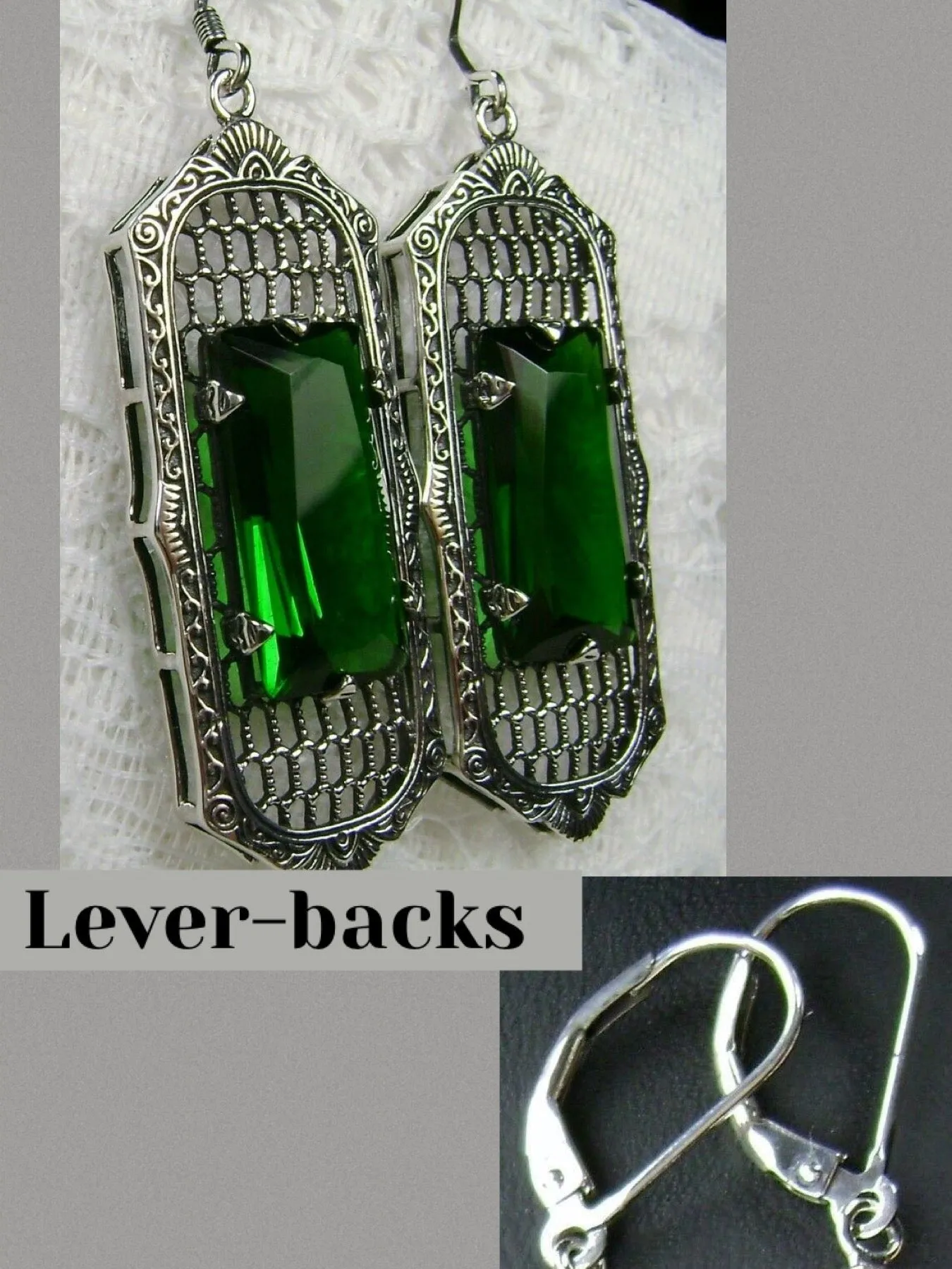 Emerald Earrings, Art Deco Style, Baguette Gem, 1930s Reproduction Jewelry, Design E16