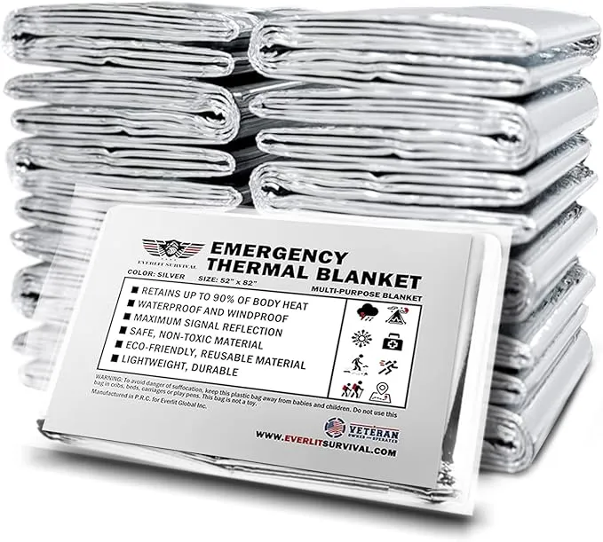 EVERLIT Survival Emergency Mylar Thermal Blanket, Foil Space Blanket Designed for NASA, Body Warmer Blanket for Outdoor, First Aid, Camping Gear, Hiking Travel (Silver, 12 Pack)