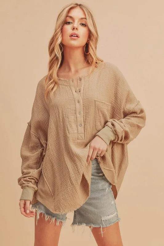 Exposed Seam Raw Hem Half Button Top