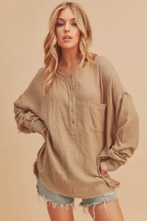 Exposed Seam Raw Hem Half Button Top