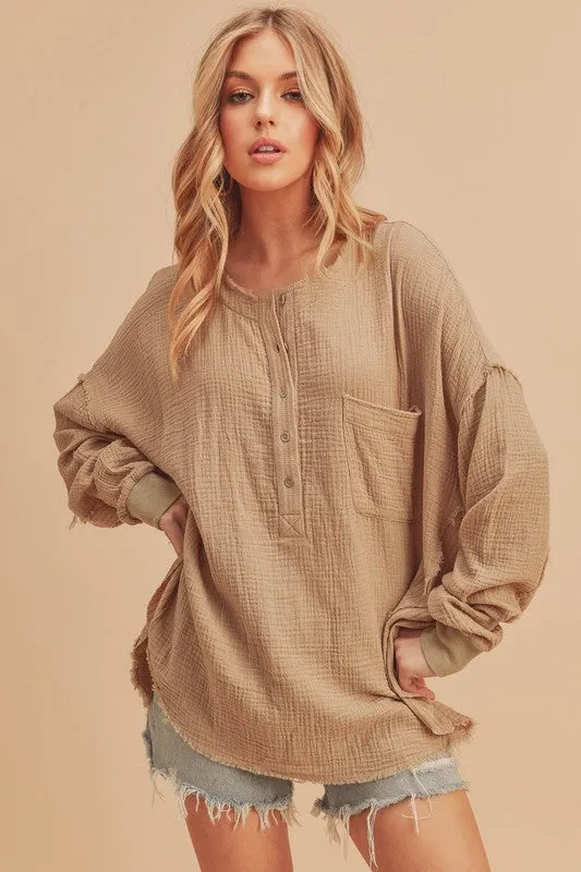Exposed Seam Raw Hem Half Button Top