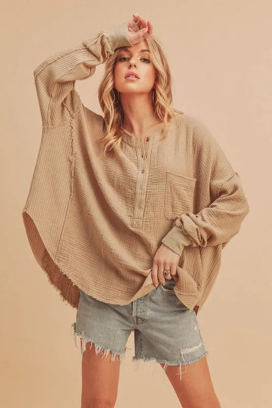 Exposed Seam Raw Hem Half Button Top