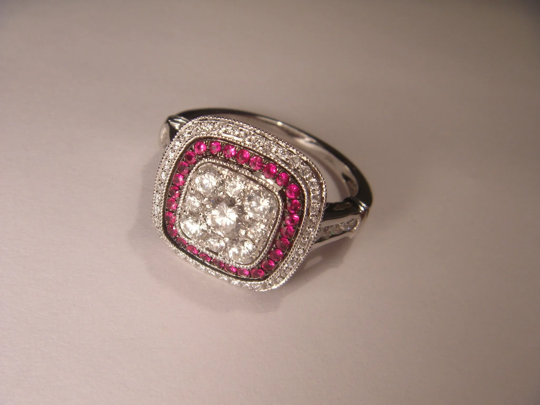 Fabulous 14K White Gold Ruby Rubies Diamond Art Deco Ring