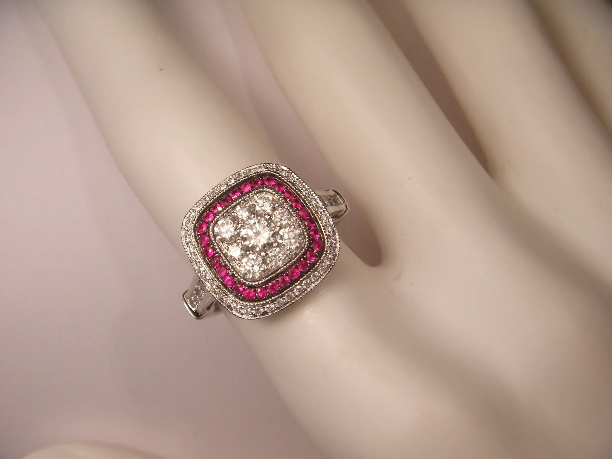 Fabulous 14K White Gold Ruby Rubies Diamond Art Deco Ring