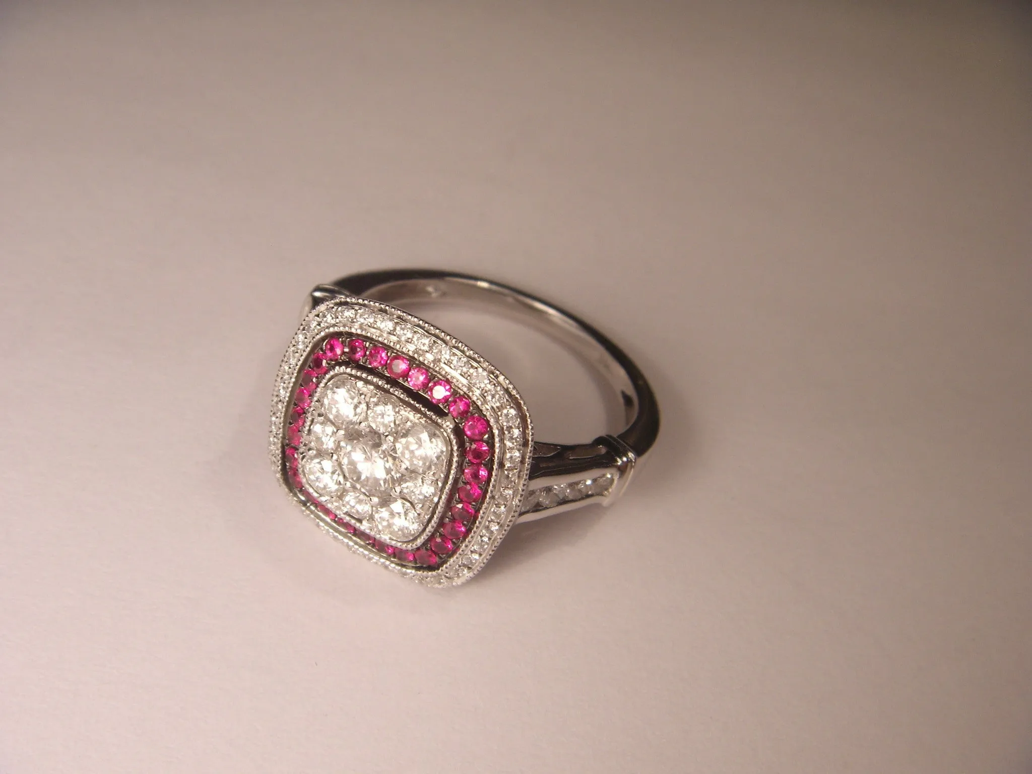 Fabulous 14K White Gold Ruby Rubies Diamond Art Deco Ring