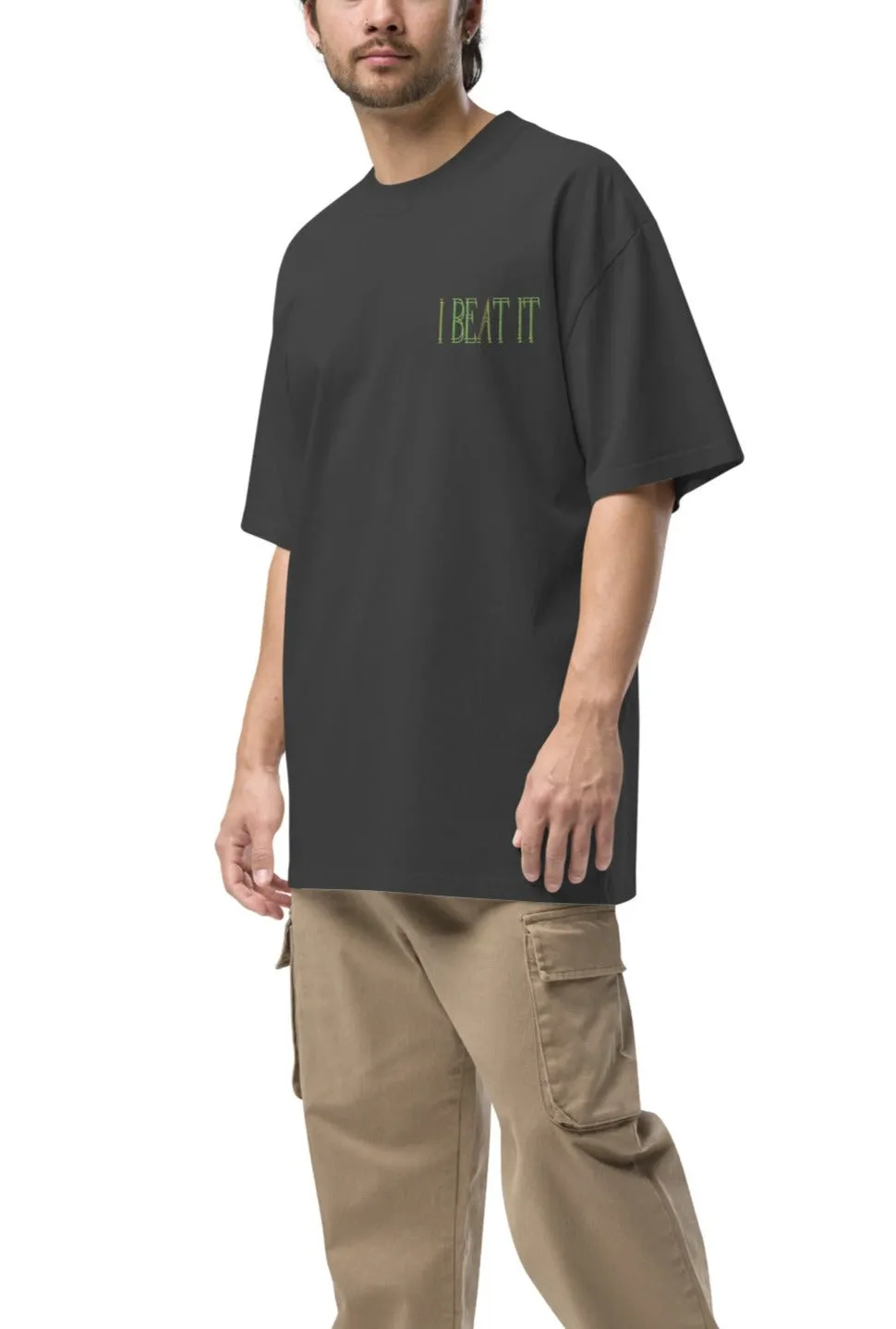 Faded Black Oversized faded t-shirt-Embroidered "I Beat it" Print
