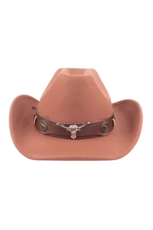 FELT FASHION BRIM HAT W/ LEATHER STRAP & BULL ACCENT