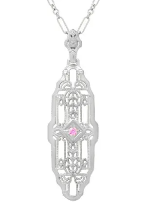 Filigree Art Deco Pink Sapphire Lozenge Shape Necklace in Sterling Silver