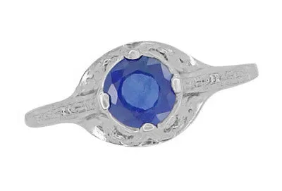 Filigree Regal Scrolls "High-Set" Art Deco Blue Sapphire Engagement Ring in Platinum