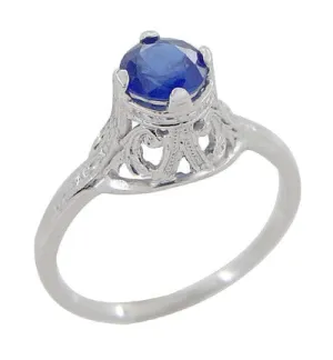 Filigree Regal Scrolls "High-Set" Art Deco Blue Sapphire Engagement Ring in Platinum
