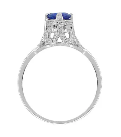 Filigree Regal Scrolls "High-Set" Art Deco Blue Sapphire Engagement Ring in Platinum