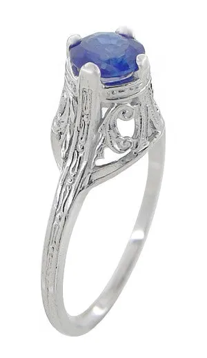 Filigree Regal Scrolls "High-Set" Art Deco Blue Sapphire Engagement Ring in Platinum