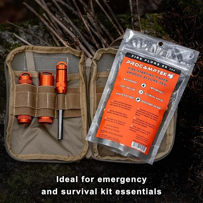 Fire Plugs (50 Plugs) 100% Waterproof Fire Starter for Emergencies, Survival, Campfire, Fire Pits, Grills | Burns 5  Minutes, All Natural, Non-Toxic