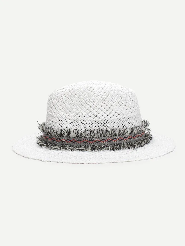Frayed Band Straw Fedora Hat