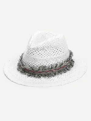 Frayed Band Straw Fedora Hat