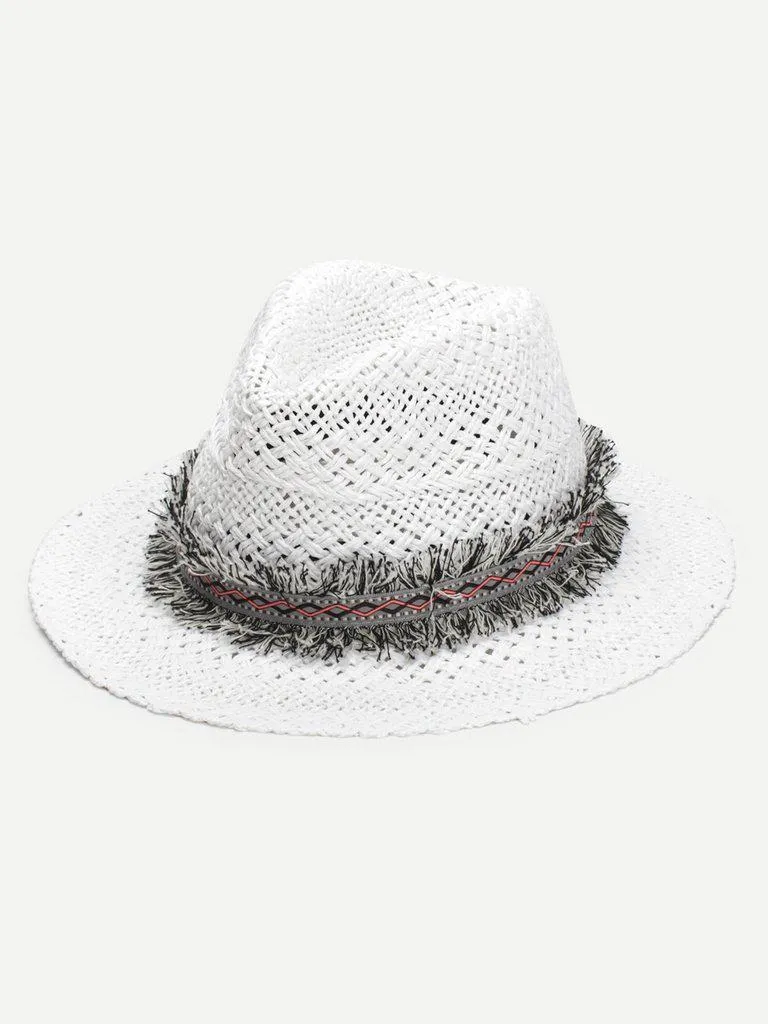 Frayed Band Straw Fedora Hat