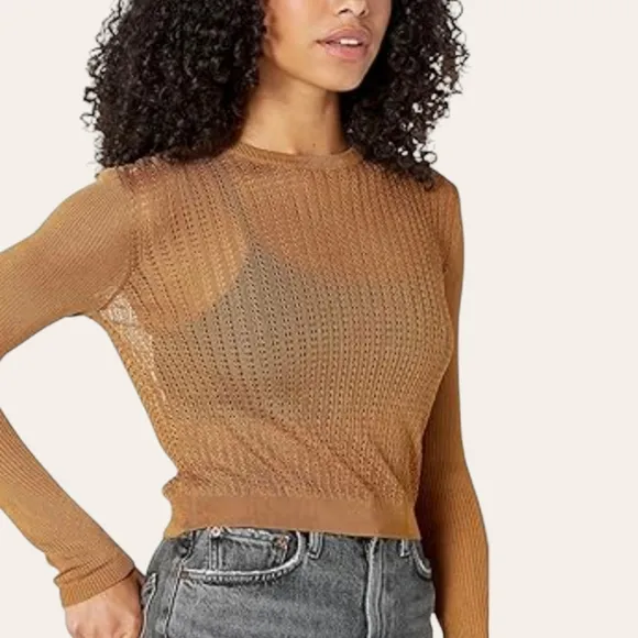 FREE PEOPLE Open Knit Crop Fisherman Crew Pullover Tiger Eye NWT Sweater Top S