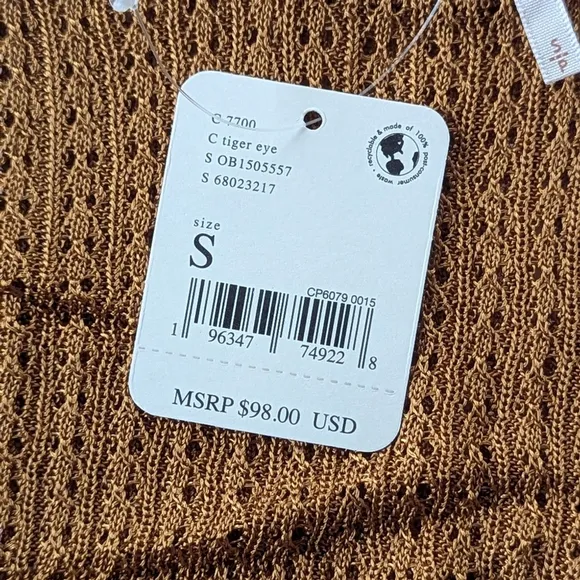 FREE PEOPLE Open Knit Crop Fisherman Crew Pullover Tiger Eye NWT Sweater Top S