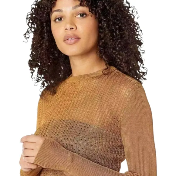 FREE PEOPLE Open Knit Crop Fisherman Crew Pullover Tiger Eye NWT Sweater Top S