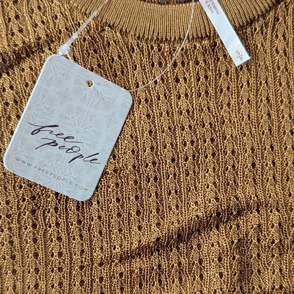 FREE PEOPLE Open Knit Crop Fisherman Crew Pullover Tiger Eye NWT Sweater Top S
