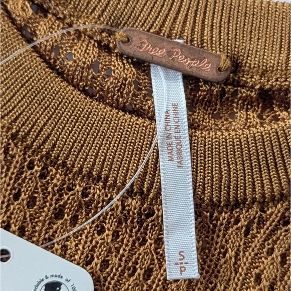 FREE PEOPLE Open Knit Crop Fisherman Crew Pullover Tiger Eye NWT Sweater Top S