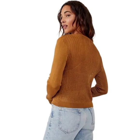 FREE PEOPLE Open Knit Crop Fisherman Crew Pullover Tiger Eye NWT Sweater Top S