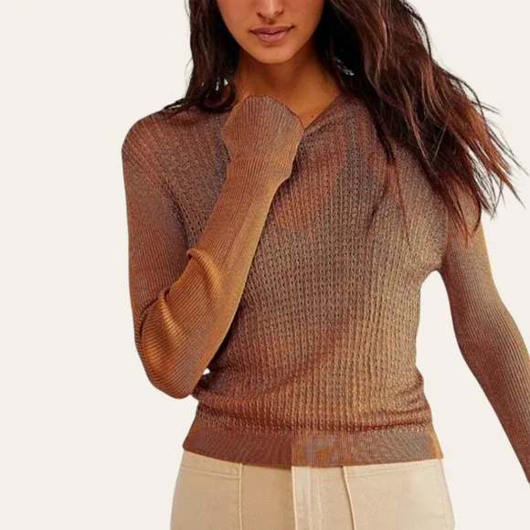 FREE PEOPLE Open Knit Crop Fisherman Crew Pullover Tiger Eye NWT Sweater Top S